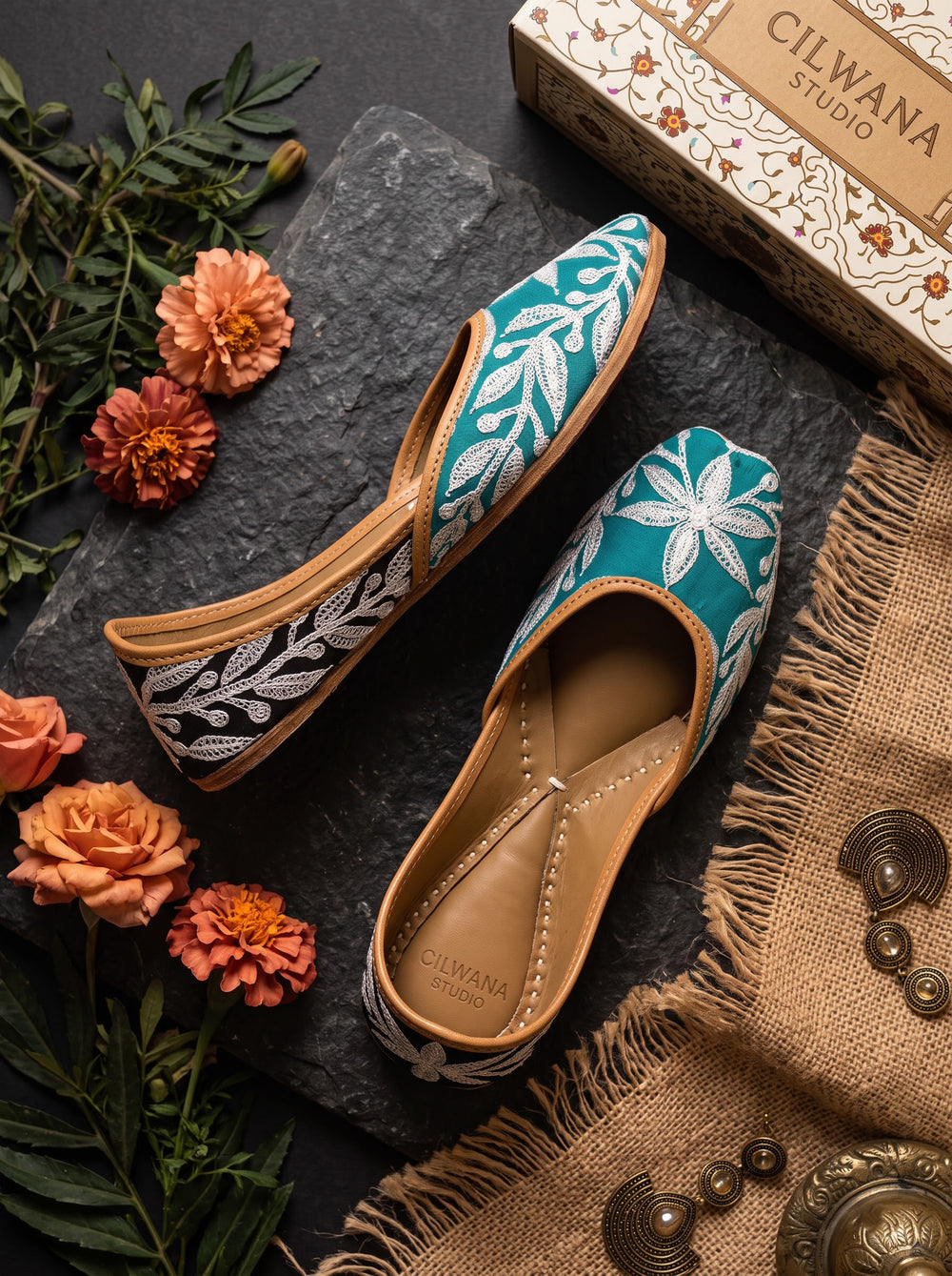 Teal Floral Aari Jutti