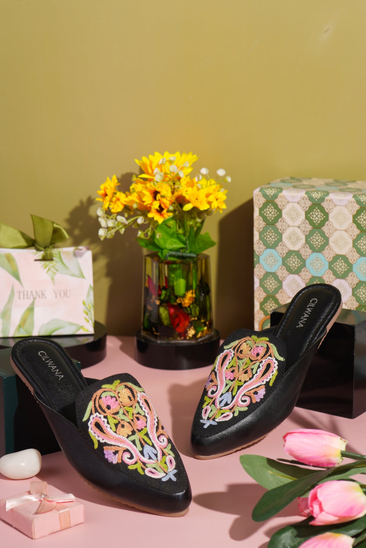 Black Multi Almond Aari Mules