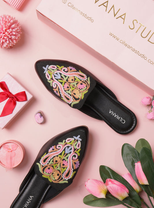 Black Multi Almond Aari Mules