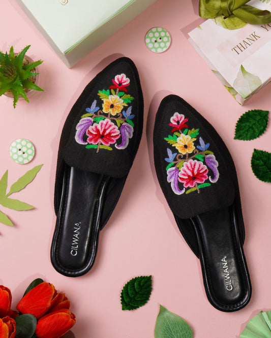 Black Multi Rose Aari Mules