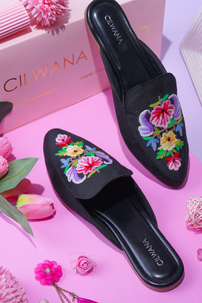 Black Multi Rose Aari Mules — product detail