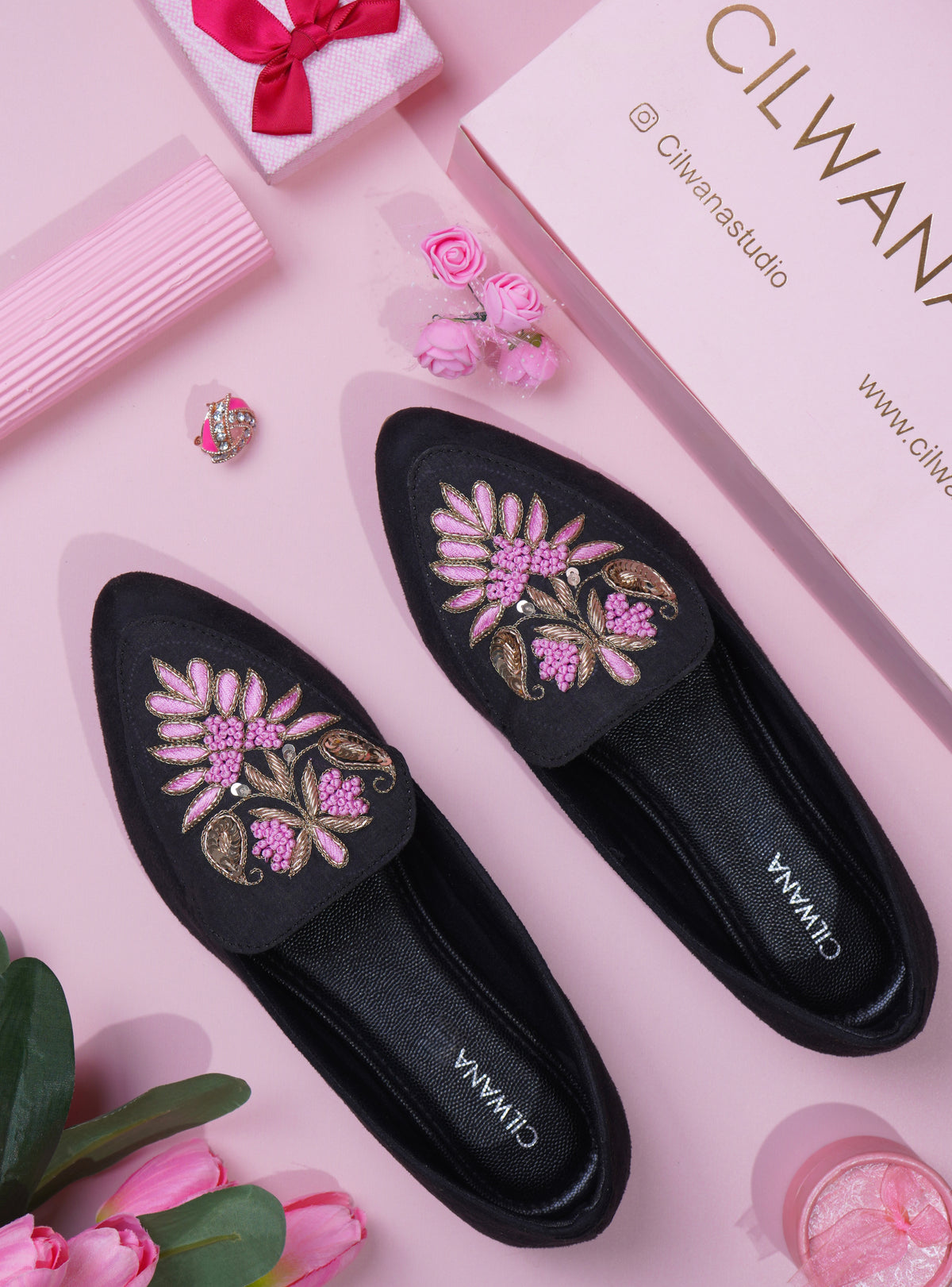 Black Silver & Pink Dhabka Shoes