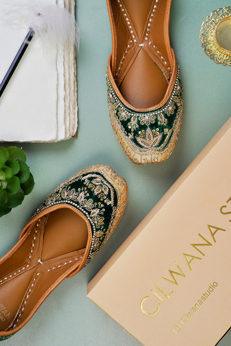 Green Velvet Heavy Dhabka Jutti — product detail