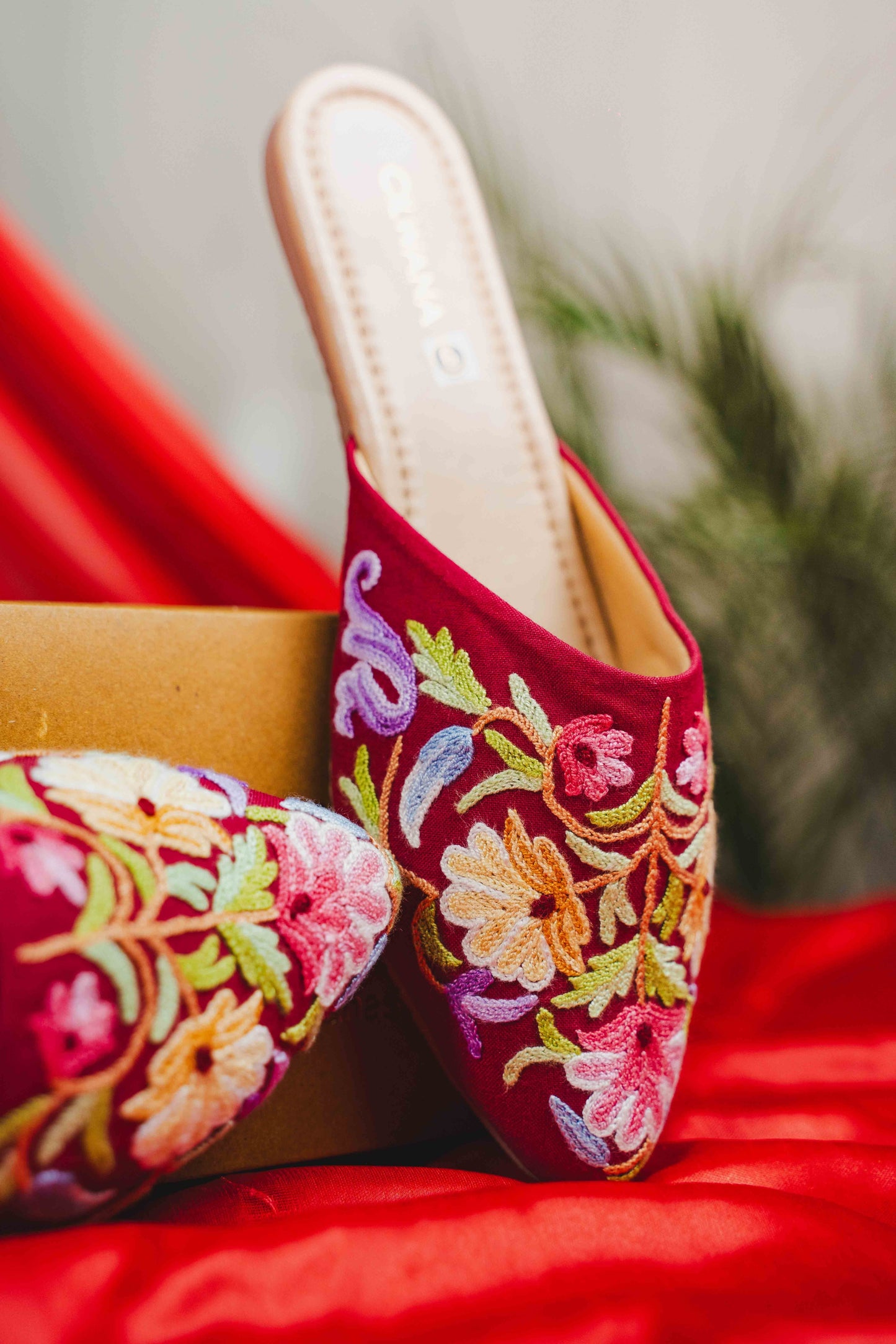 Maroon Multi Floral Aari Mules