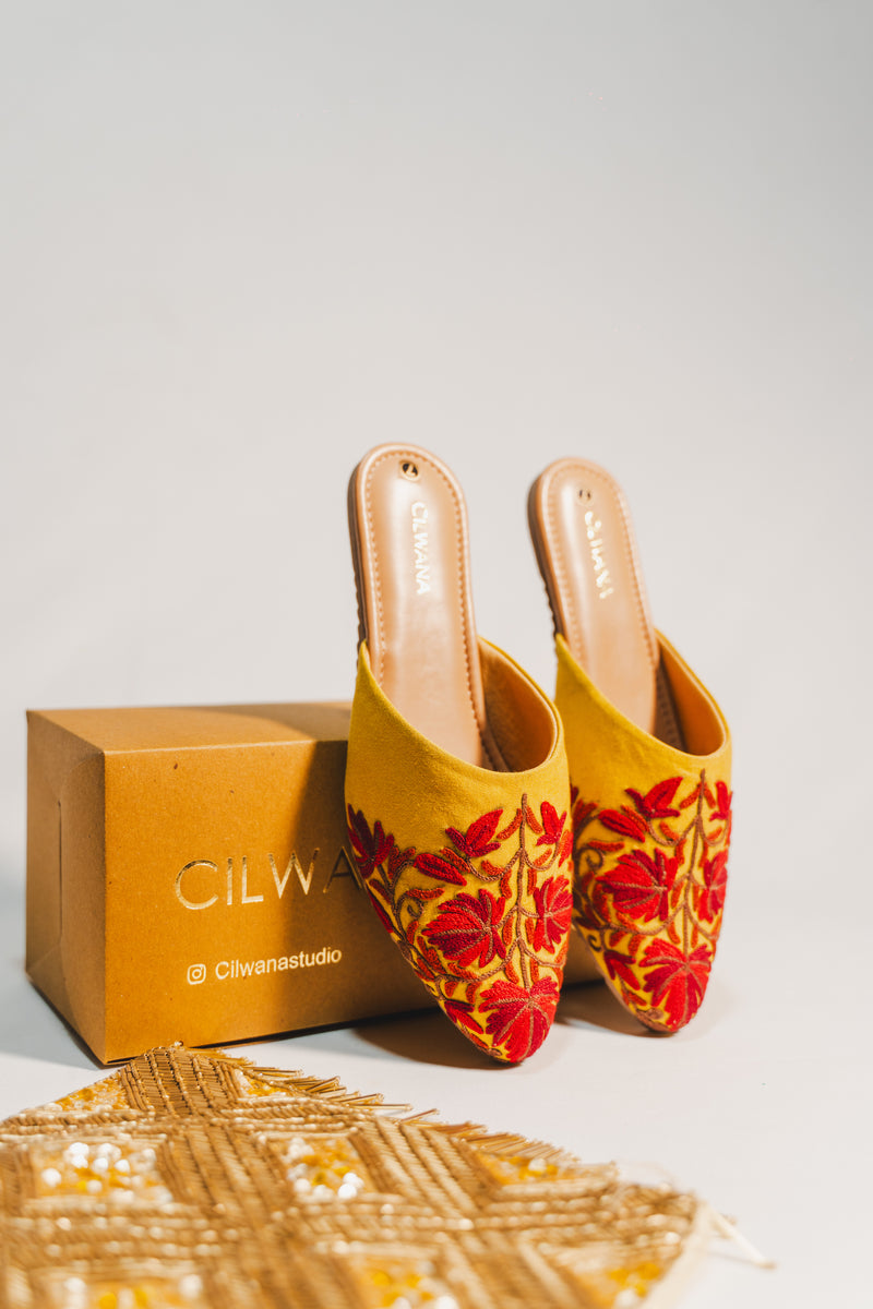 Mustard Maroon Aari Mules — product detail