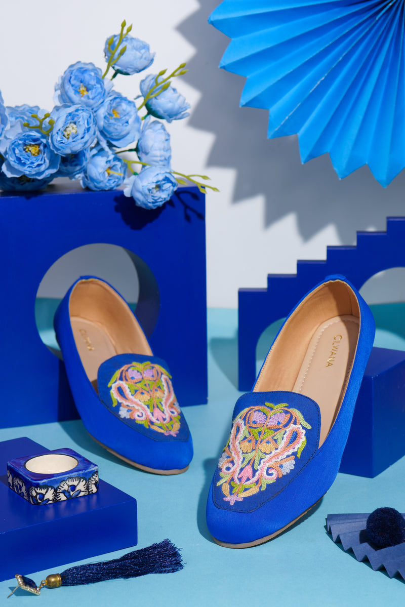 Royal Blue Multi Almond Aari Shoes — product detail