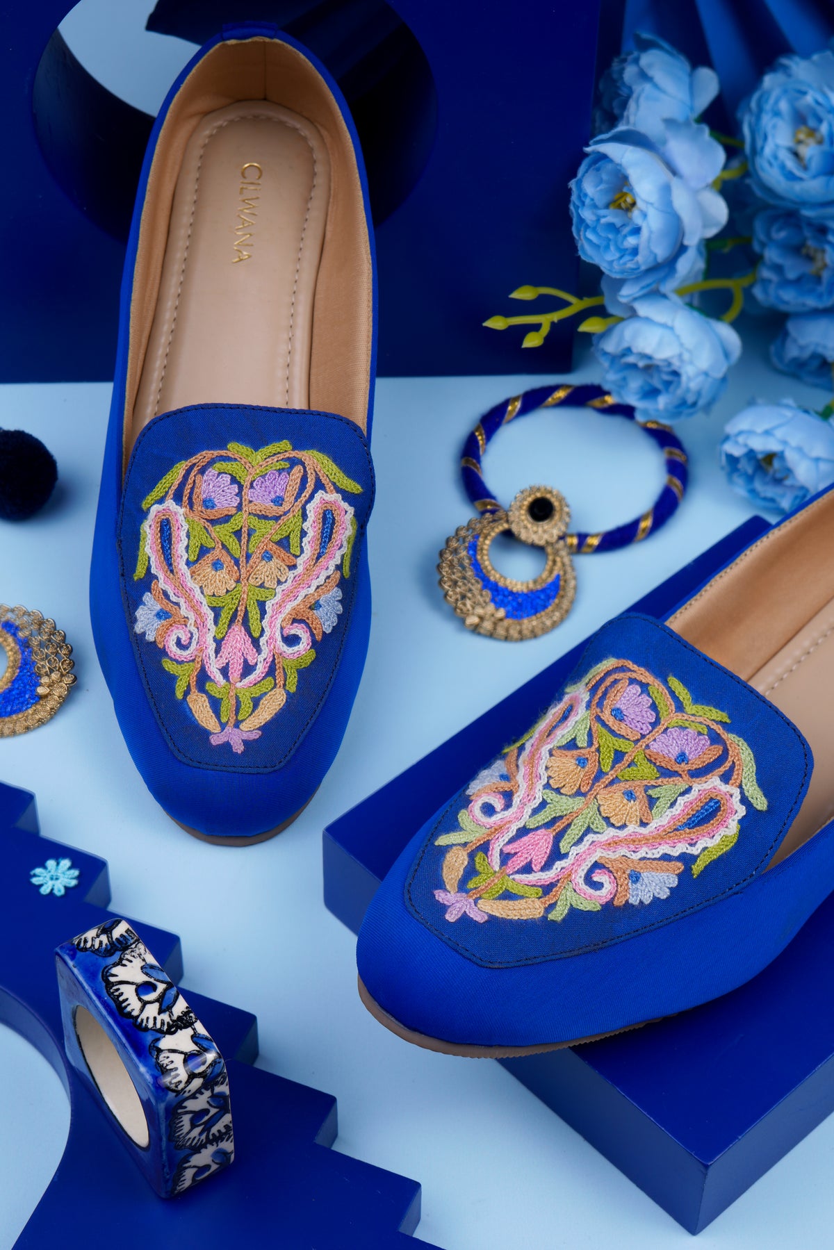 Royal Blue Multi Almond Aari Shoes