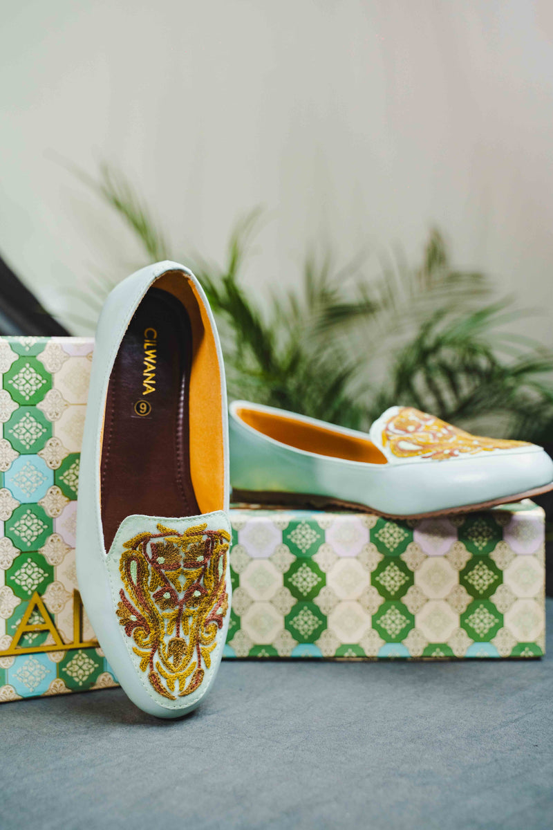 Sea Green Brown Almond Aari Shoes — product detail
