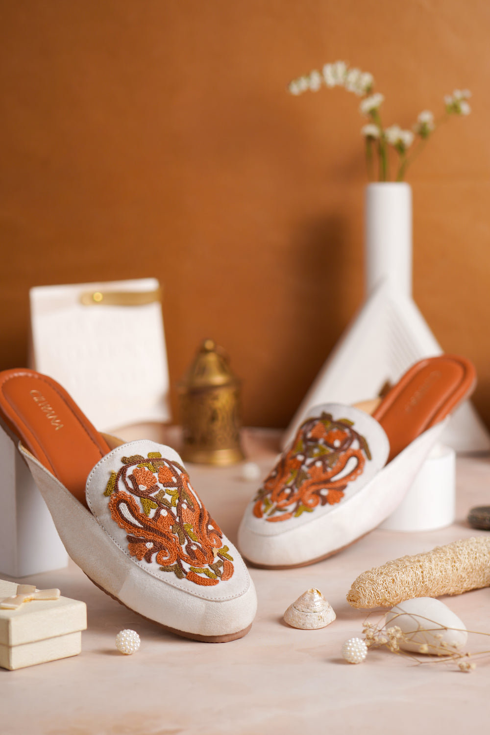 White Autumn Almond Aari Mules