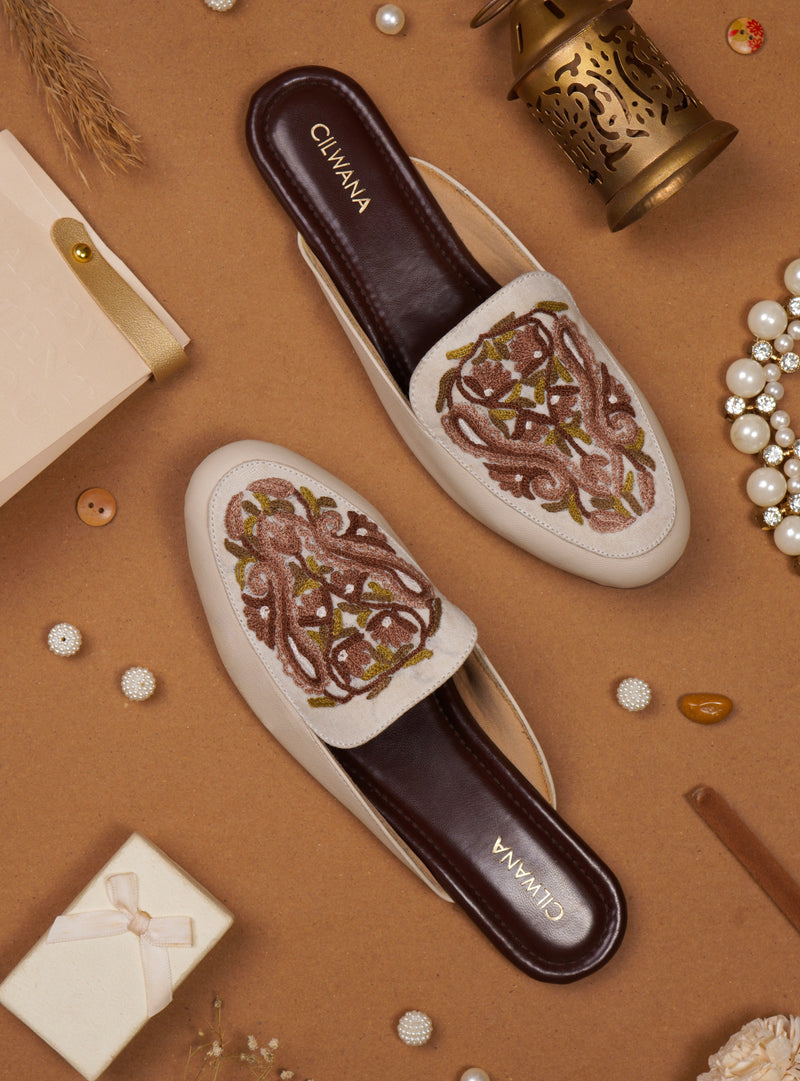 White Brown Almond Aari Mules — product detail