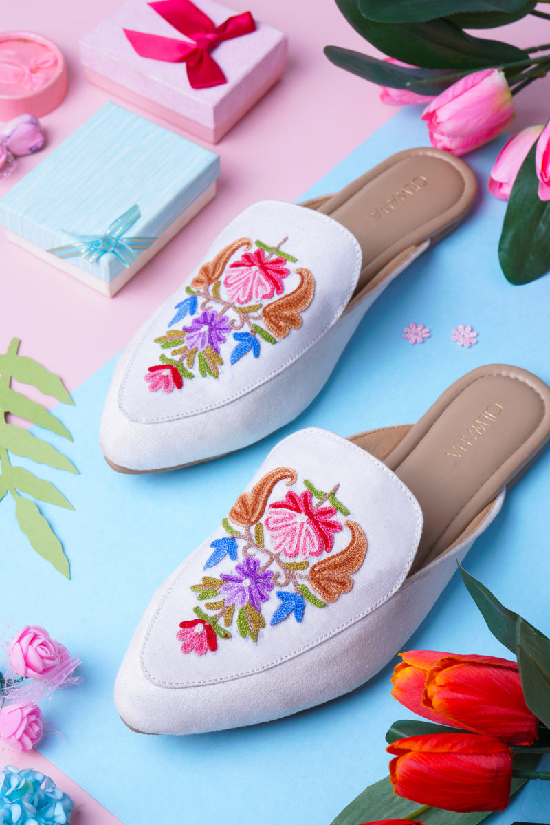 White Multi Rose Aari Mules — product detail