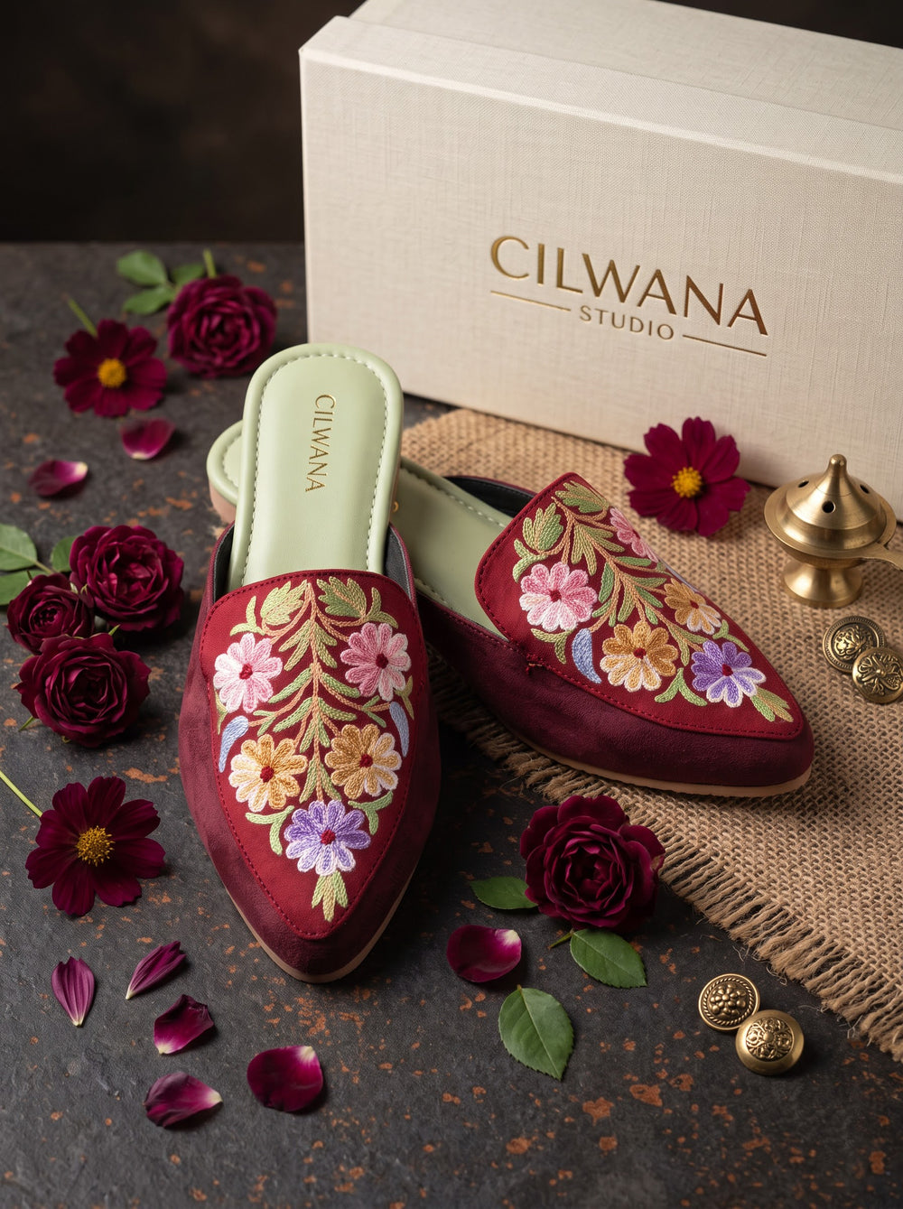 Maroon Floral Aari Mules