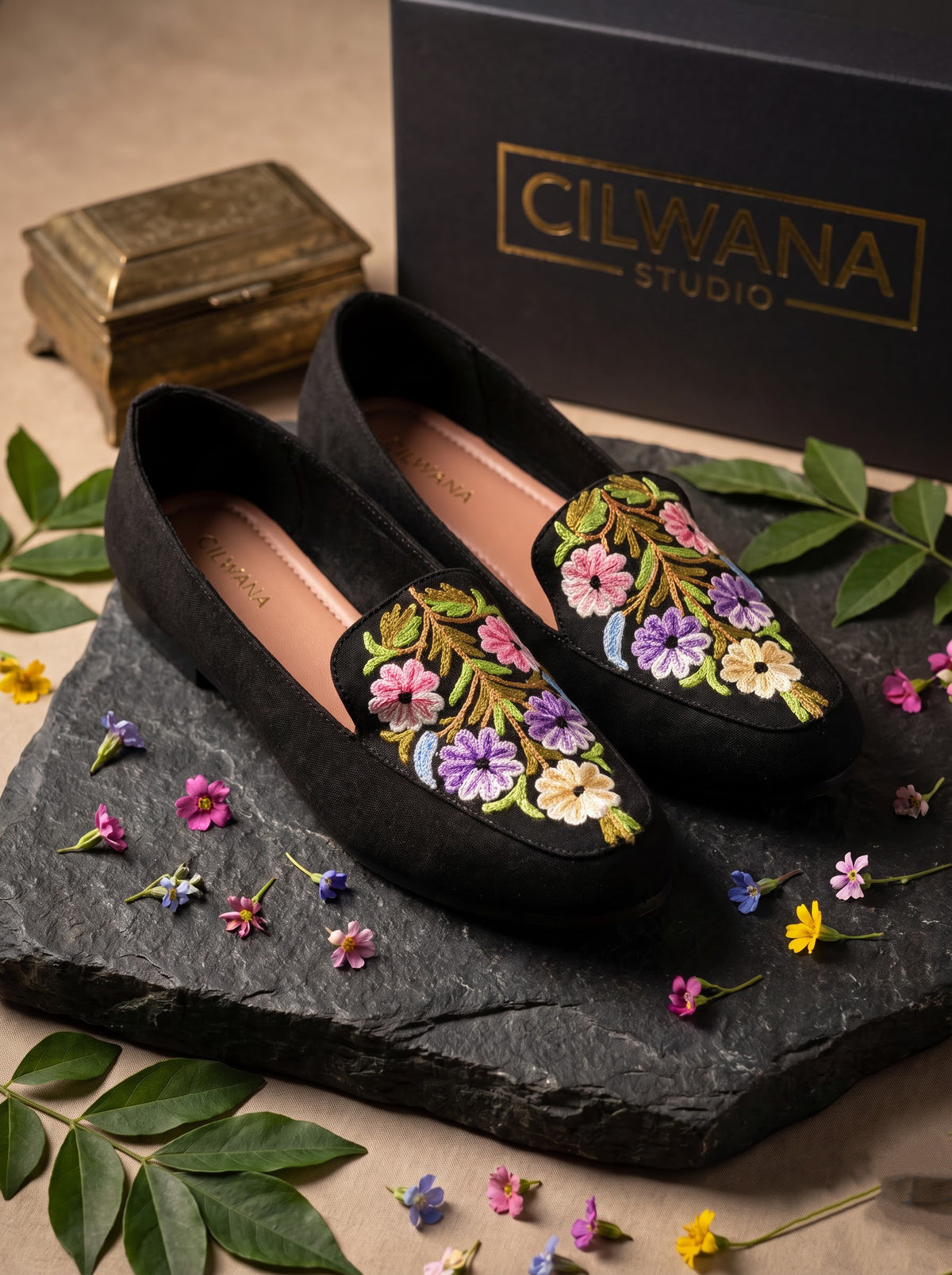 Black Floral Aari Shoes