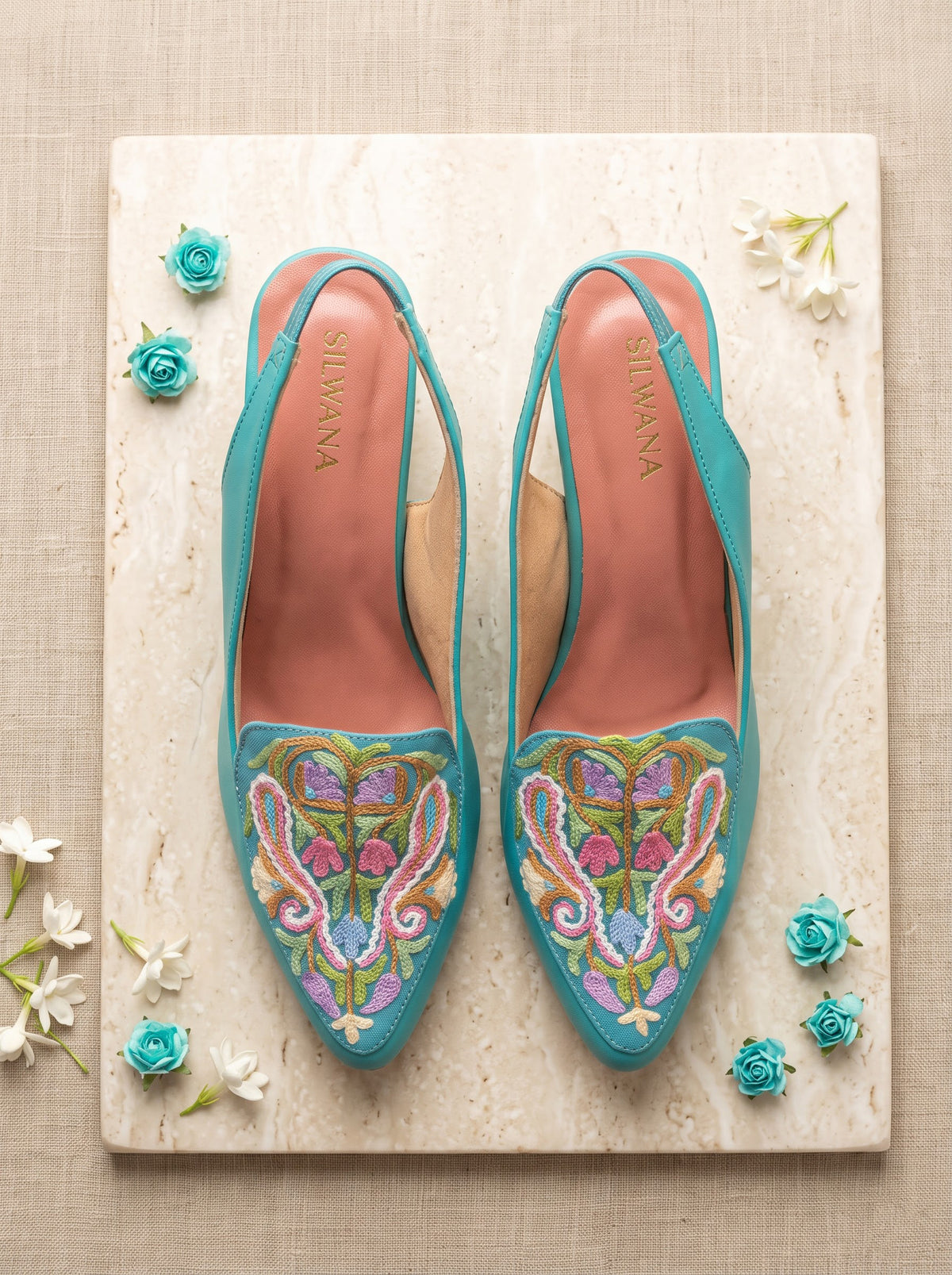 Teal Floral Aari Heels