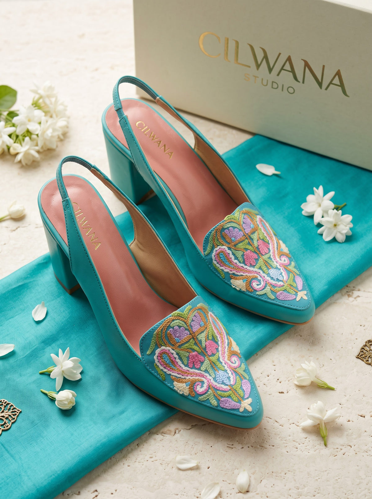 Teal Floral Aari Heels