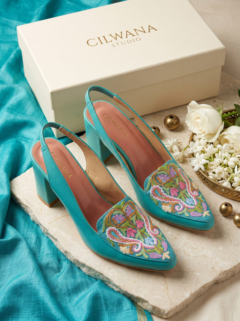 Teal Floral Aari Heels — product detail