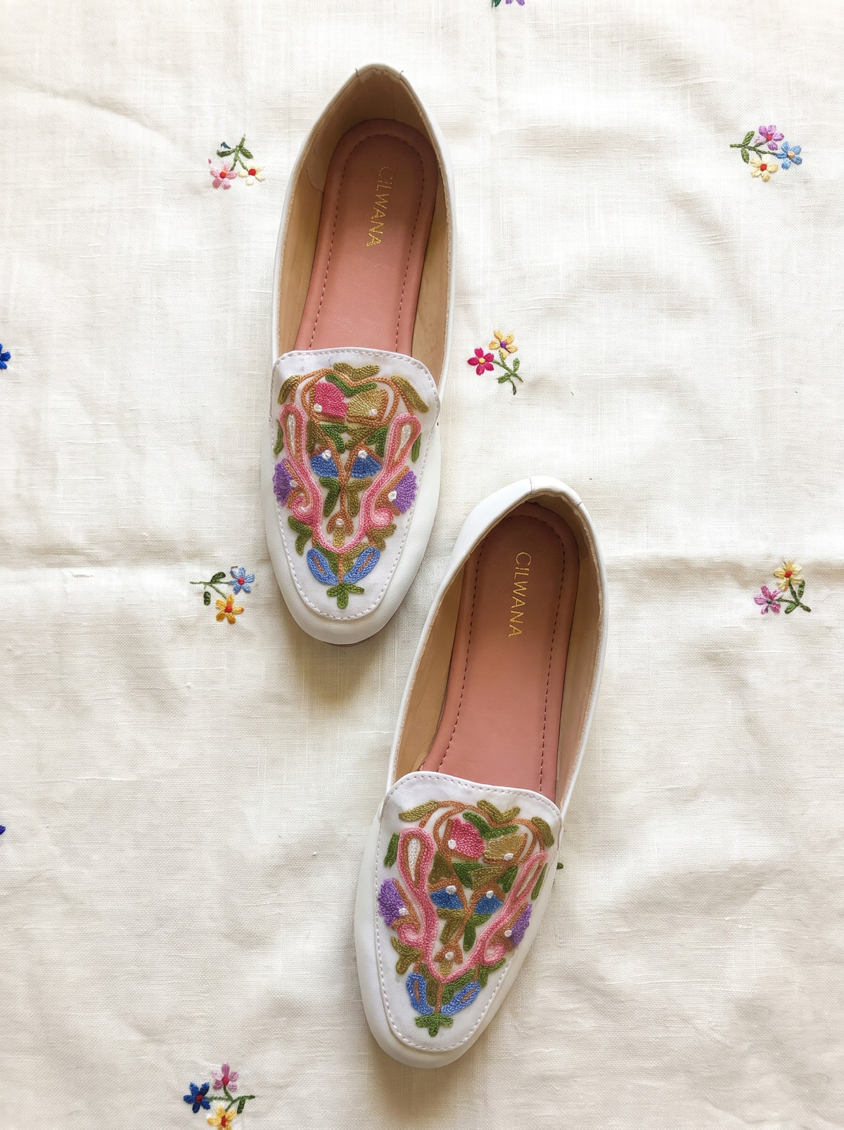 White Floral Aari Shoes