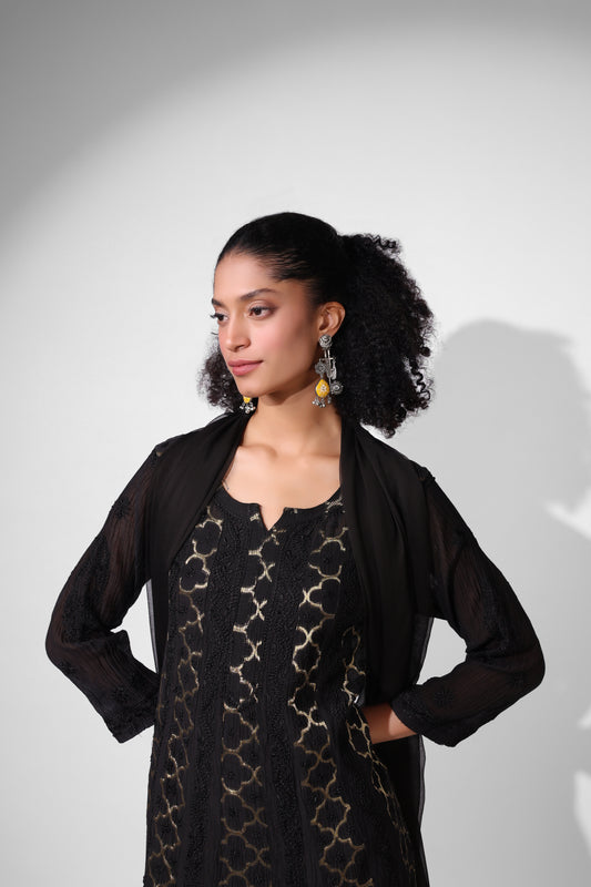 Banarasi Chanderi Anarkali (Black Symmetric Pattern)