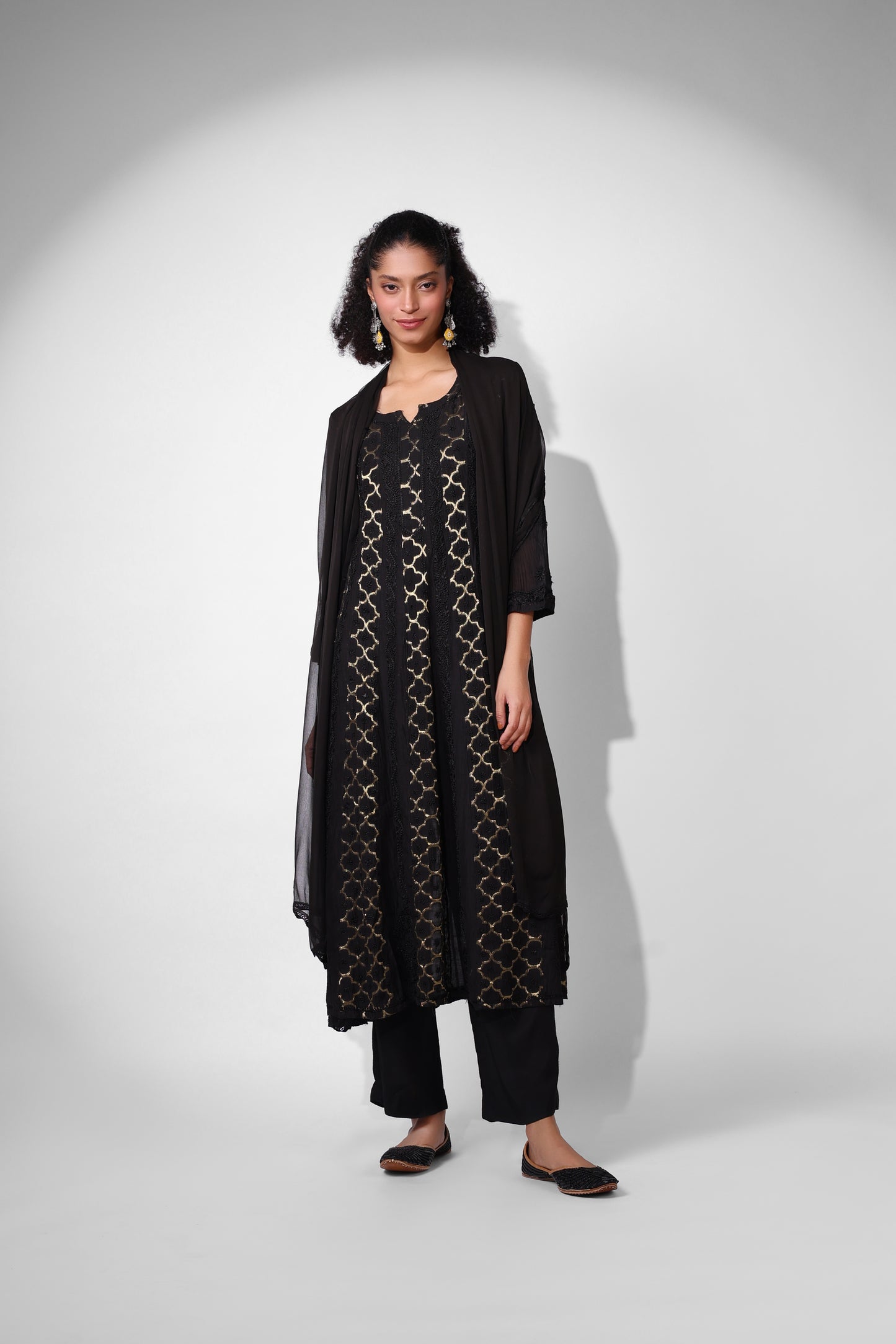 Banarasi Chanderi Anarkali (Black Symmetric Pattern)