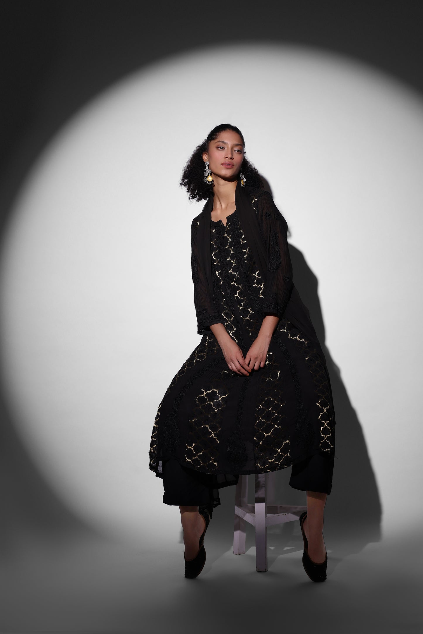 Banarasi Chanderi Anarkali (Black Symmetric Pattern)