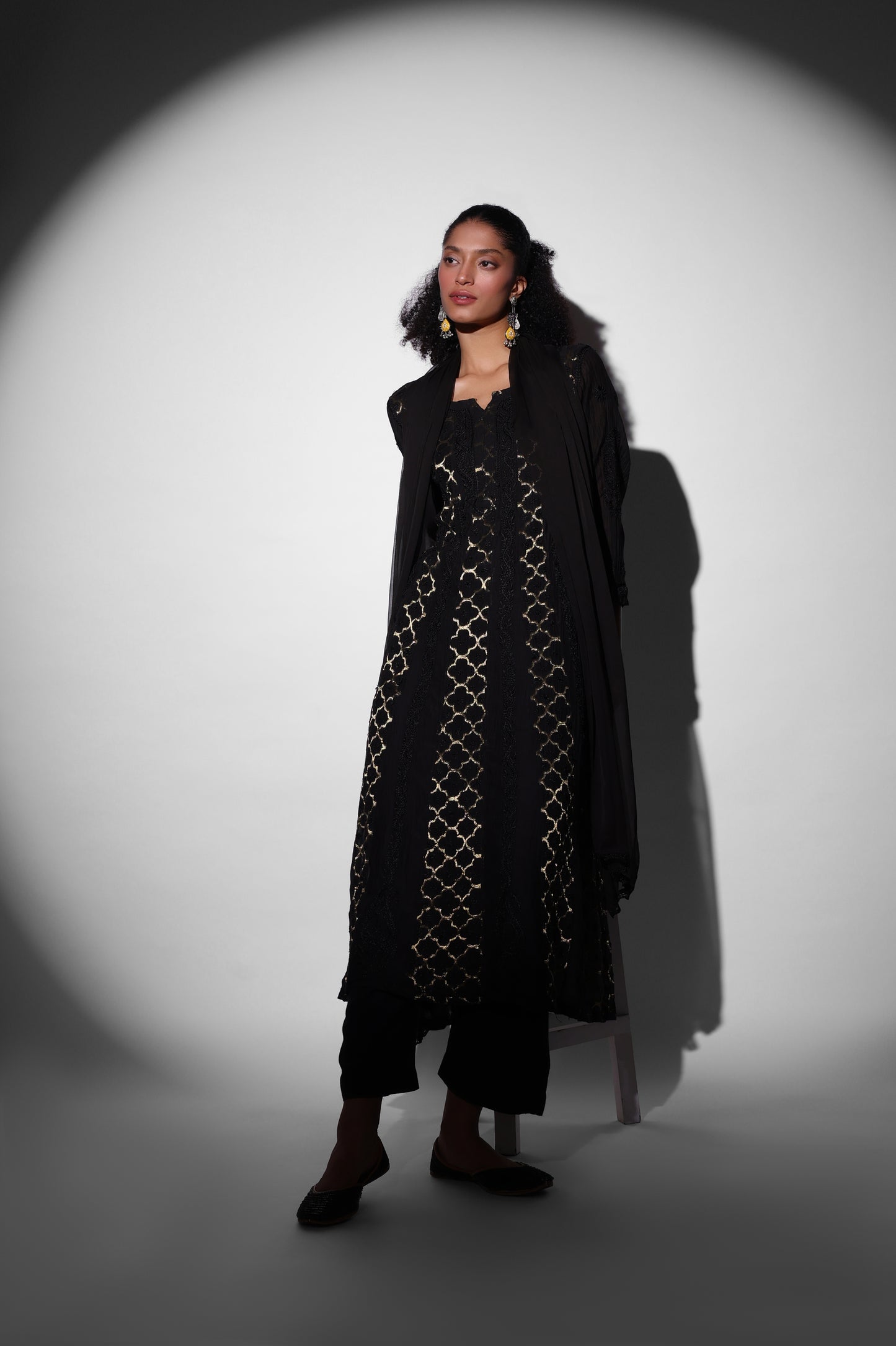 Banarasi Chanderi Anarkali (Black Symmetric Pattern)