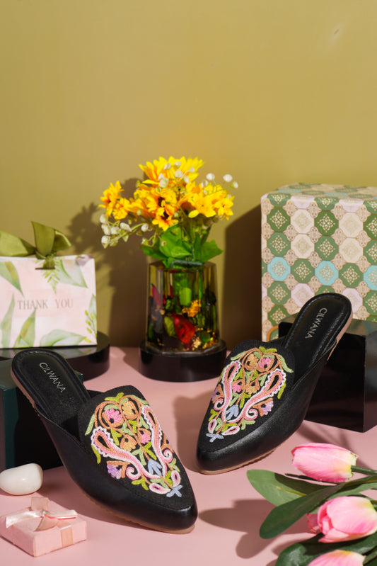 Black Multi Almond Aari Mules