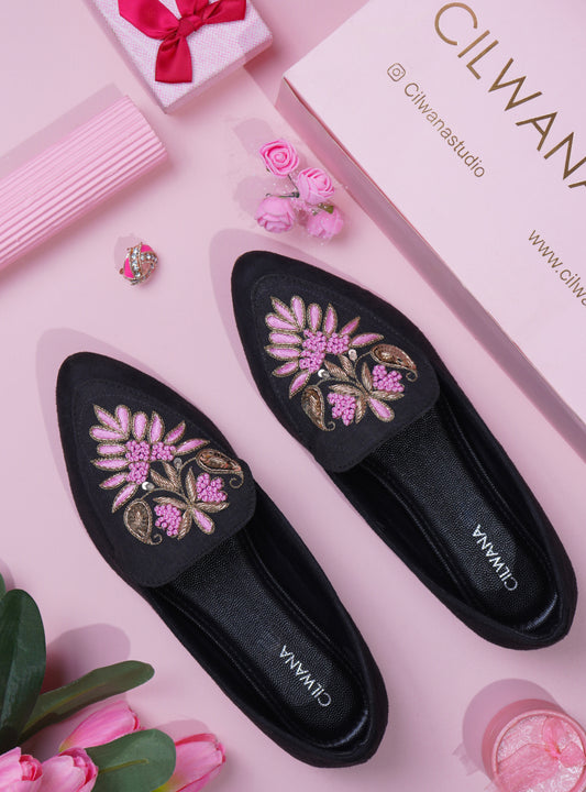 Black Silver & Pink Dhabka Shoes