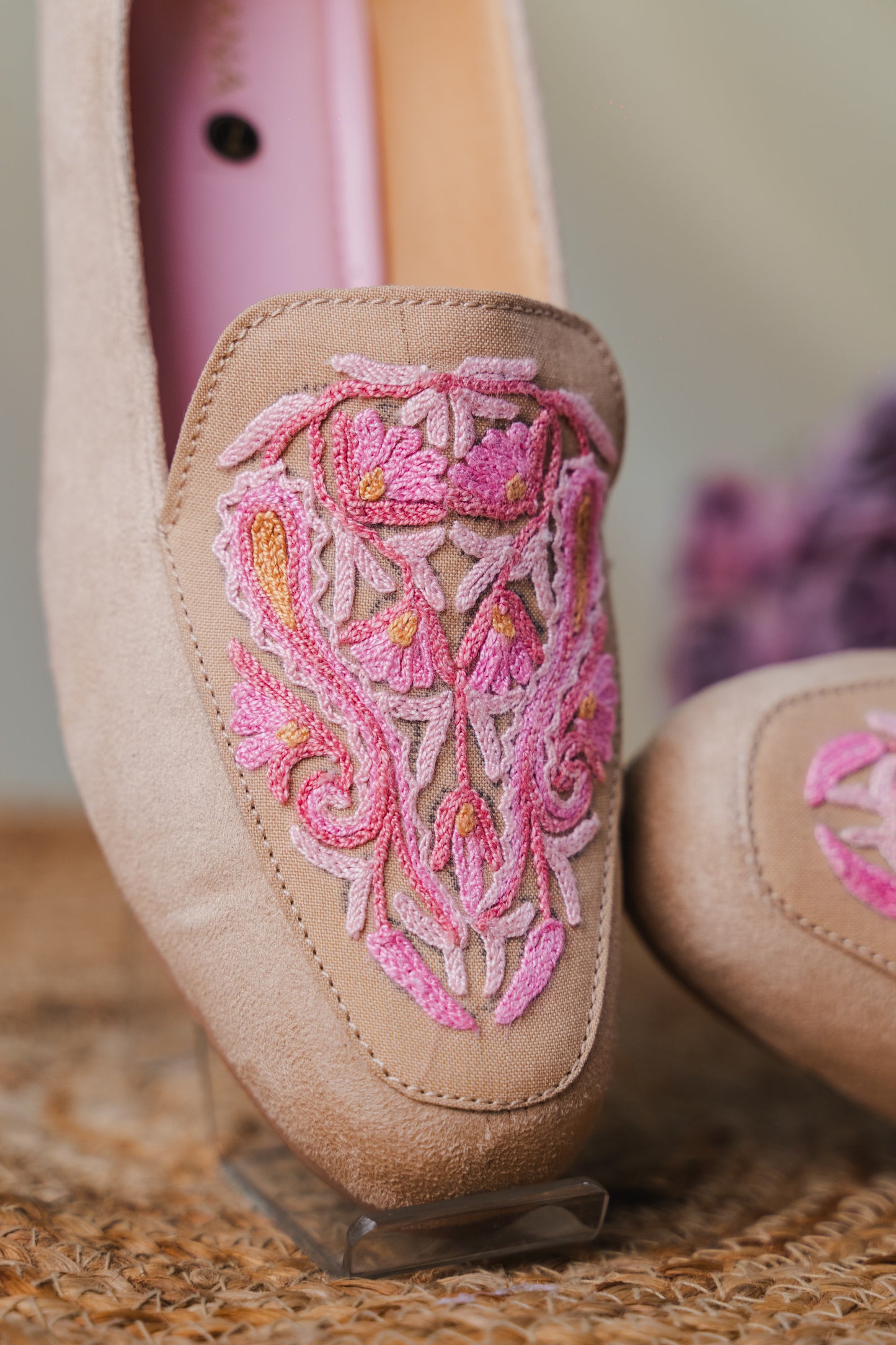 Brown and Pink Almond Aari Shoes