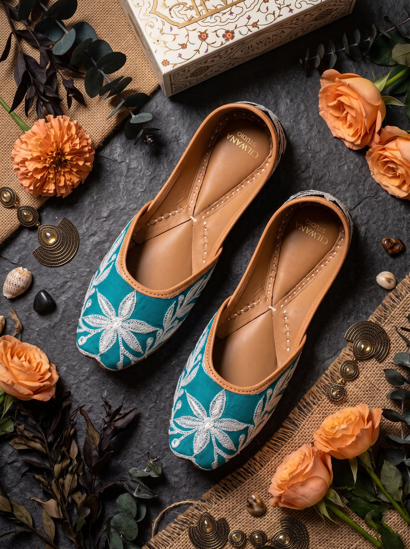 Turquoise Black & White Floral Tilla Jutti — product detail
