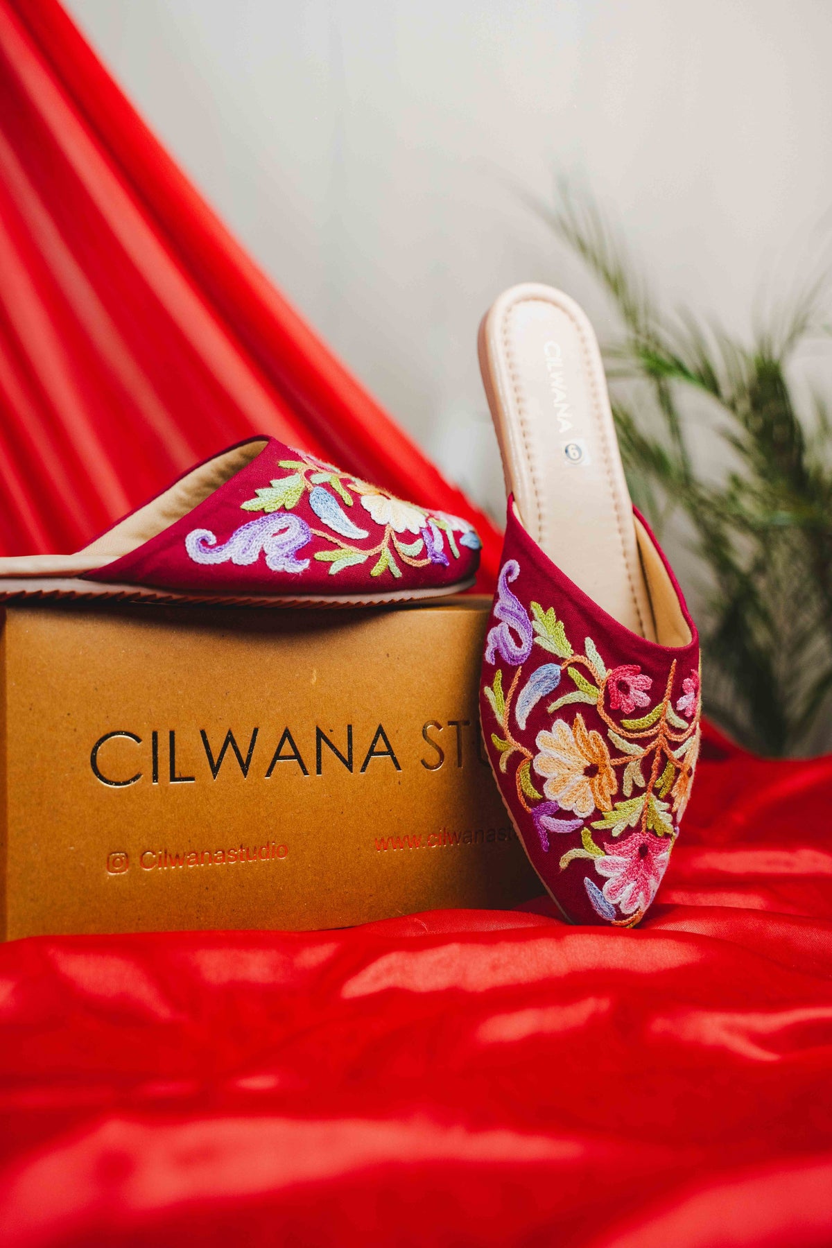 Maroon Multi Floral Aari Mules