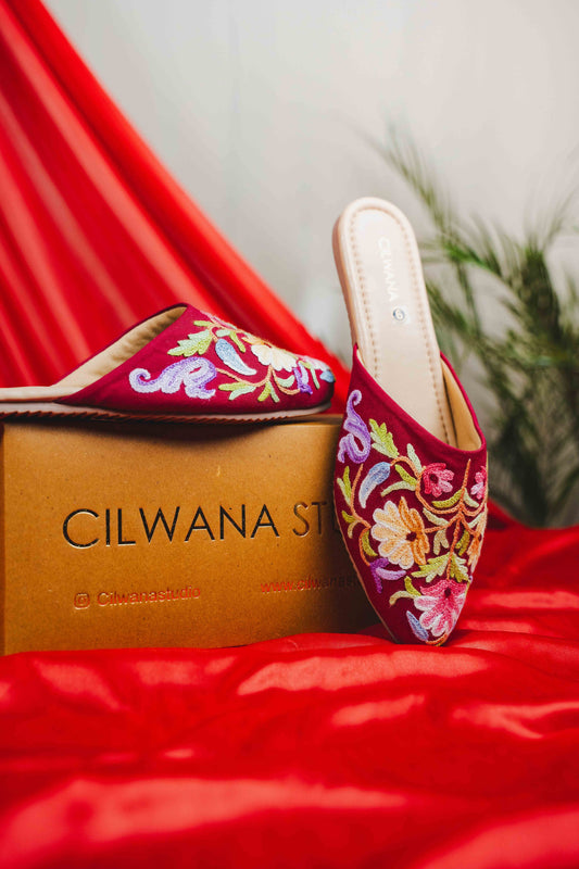 Maroon Multi Floral Aari Mules