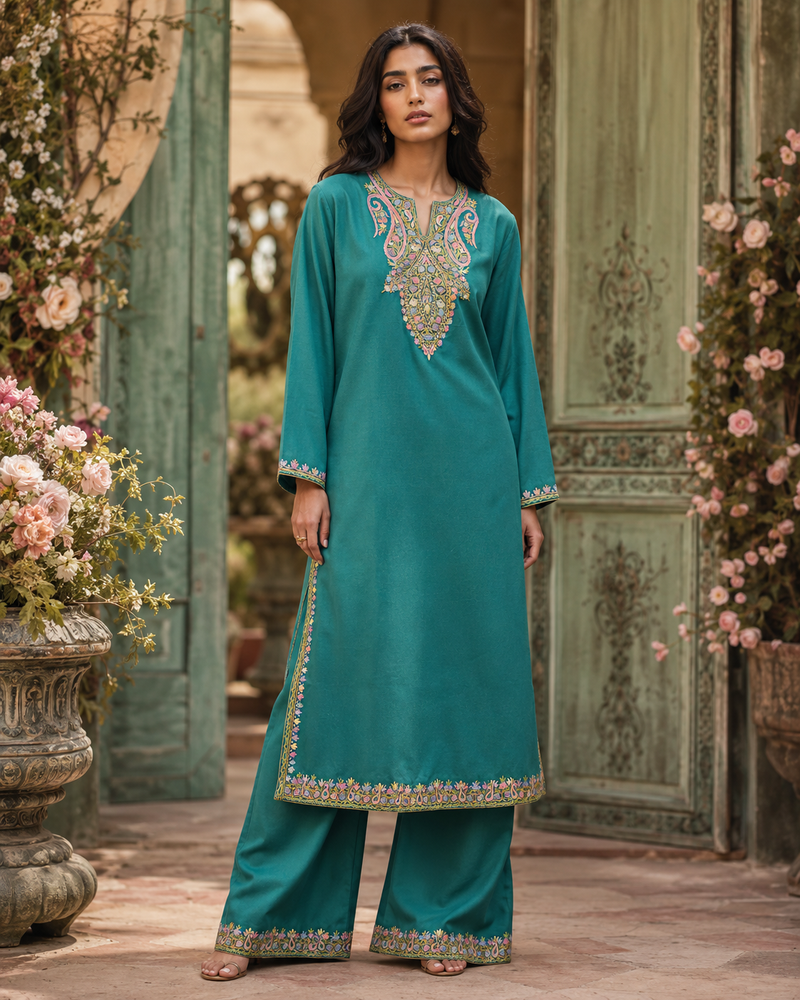 Teal Aari Cotton Co-ord Set