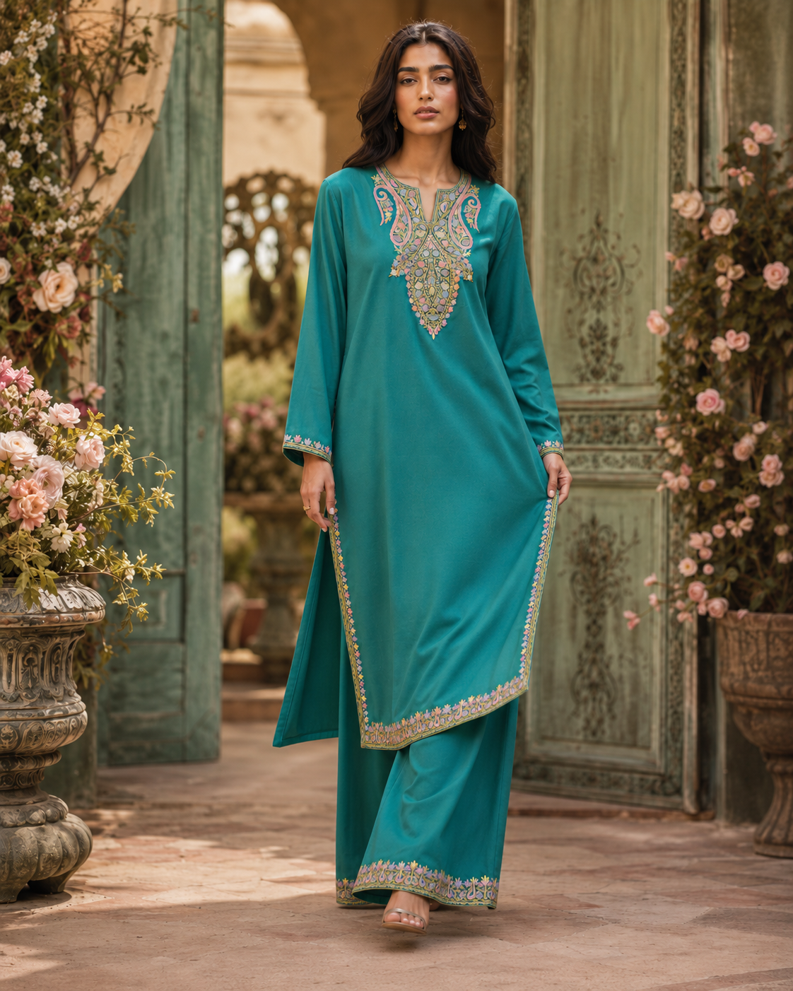 Teal Aari Cotton Co-ord Set