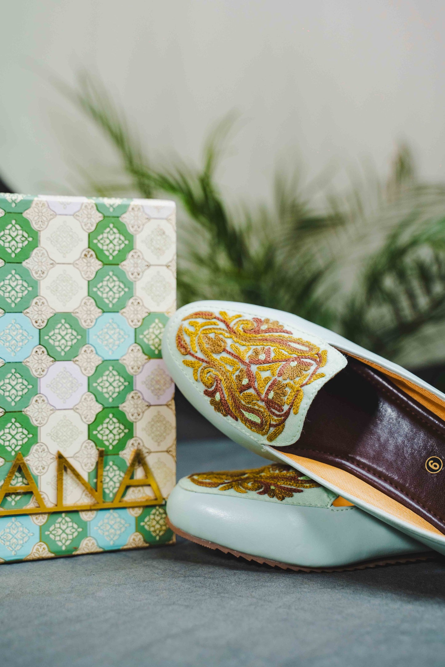 Sea Green Brown Almond Aari Shoes