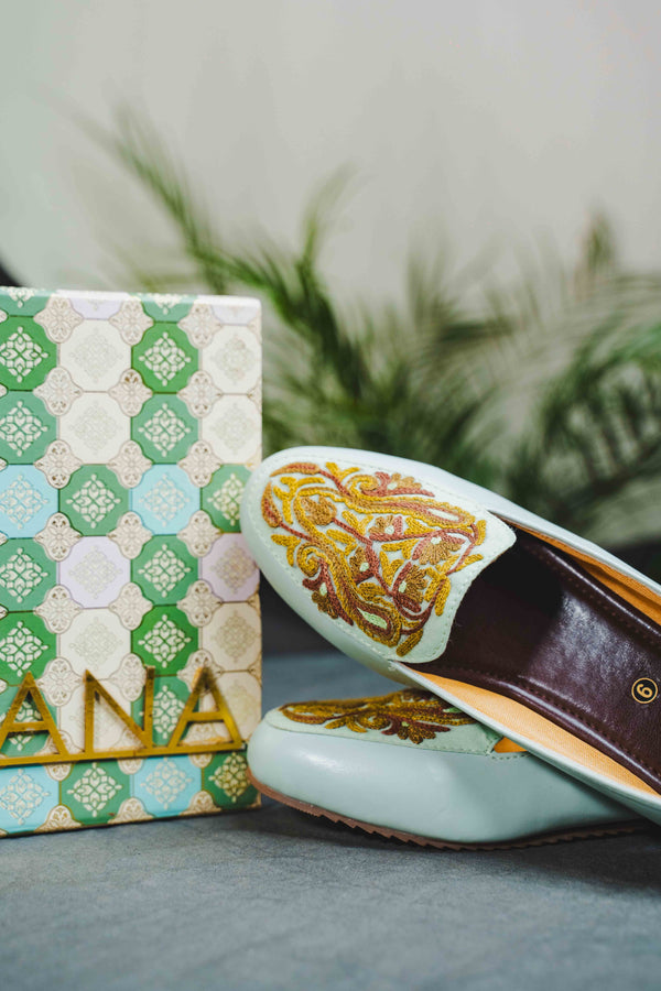 Sea Green Brown Almond Aari Shoes