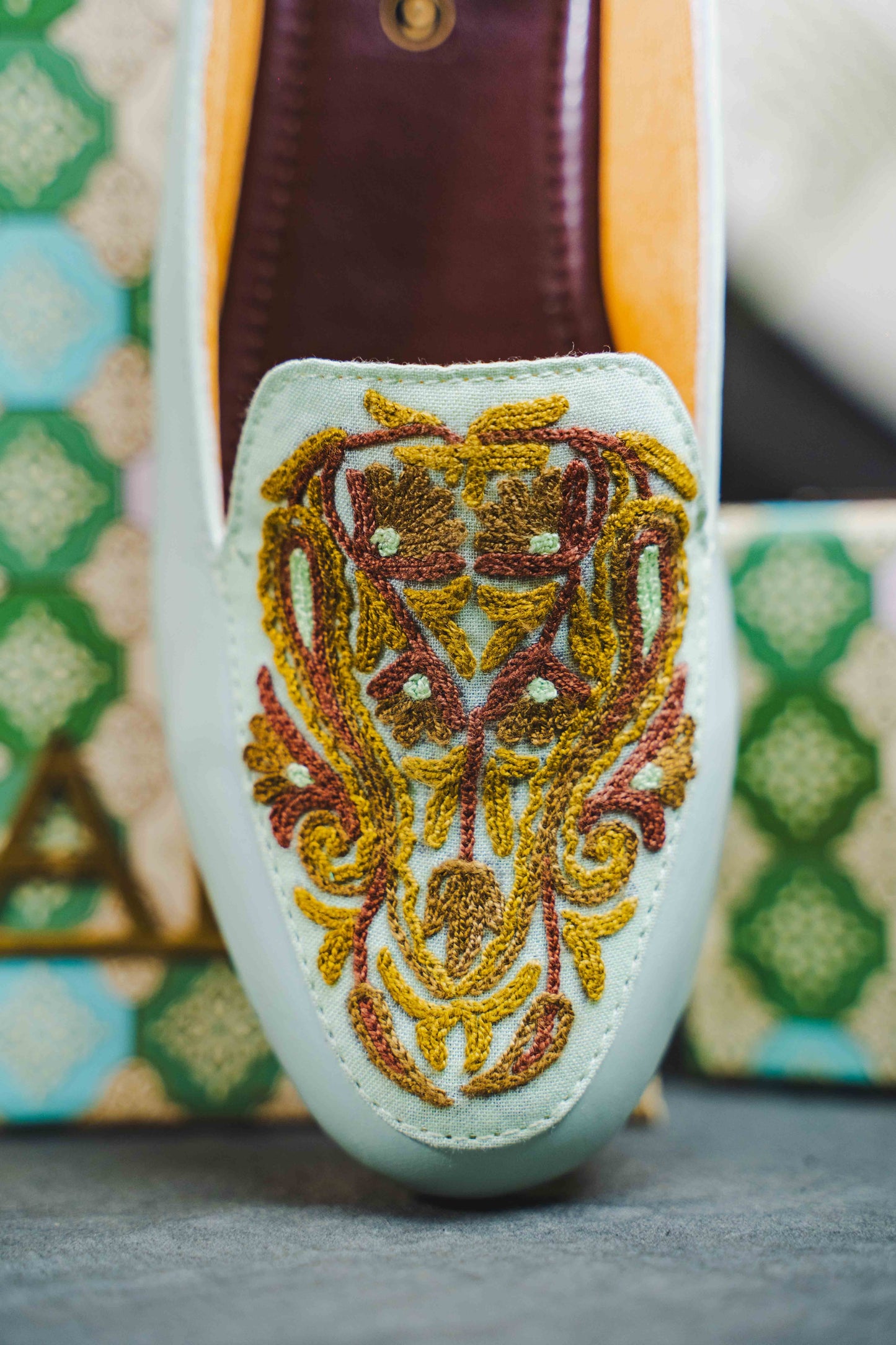 Sea Green Brown Almond Aari Shoes