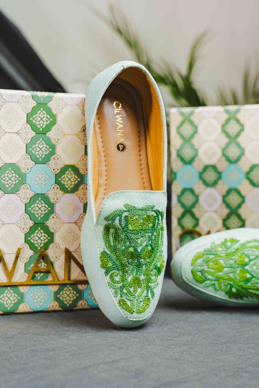 Sea Green Tone on Tone Almond Aari Shoes