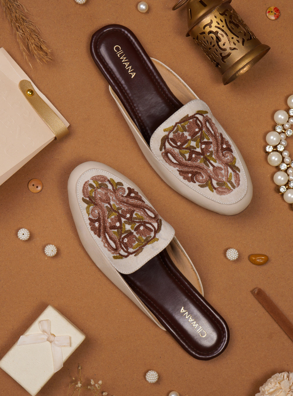 White Brown Almond Aari Mules