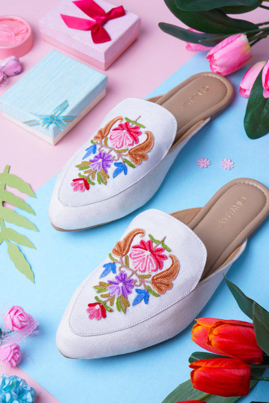 White Multi Rose Aari Mules