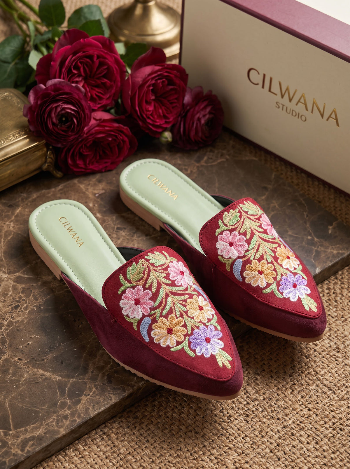 Maroon Floral Aari Mules