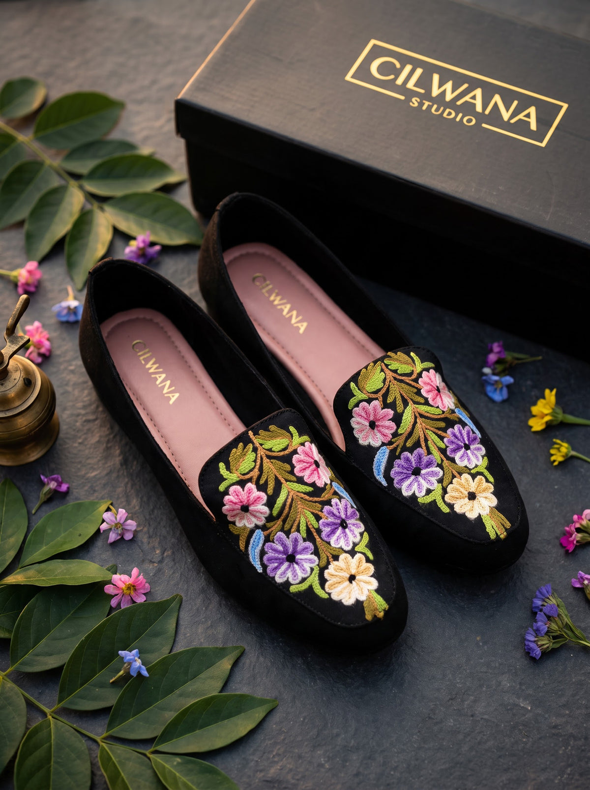 Black Floral Aari Shoes