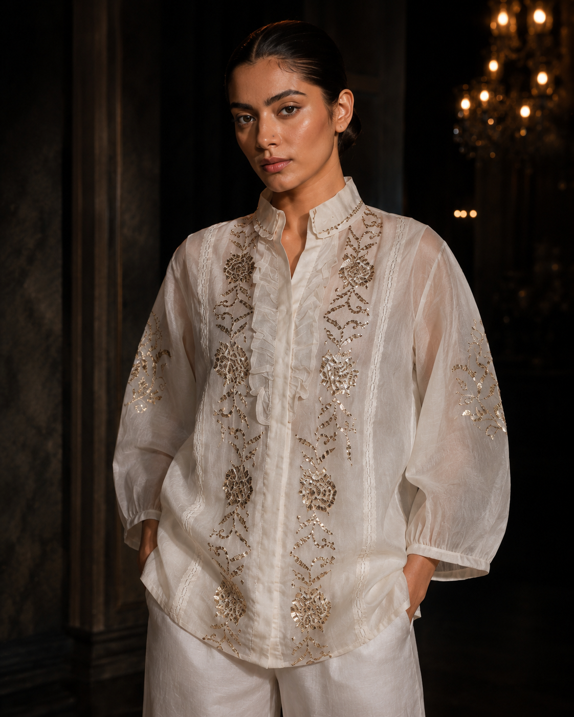 Ivory Mukaish Organza Co-ord Set