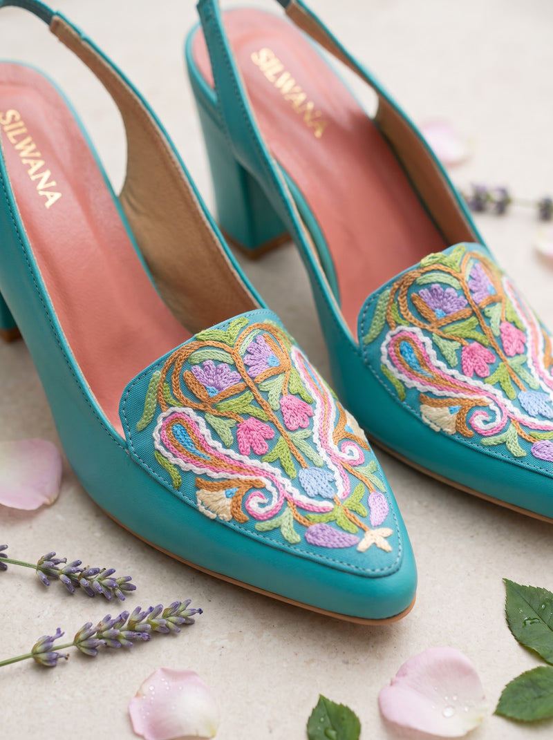 Turquoise Multi Floral Aari Heel — product detail