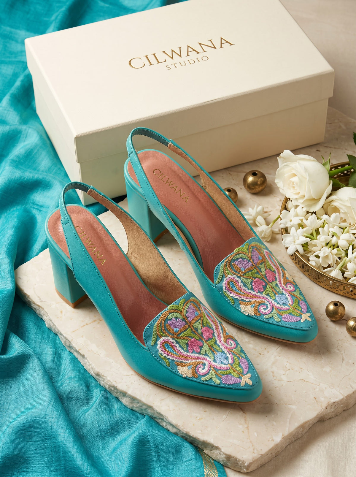 Teal Floral Aari Heels
