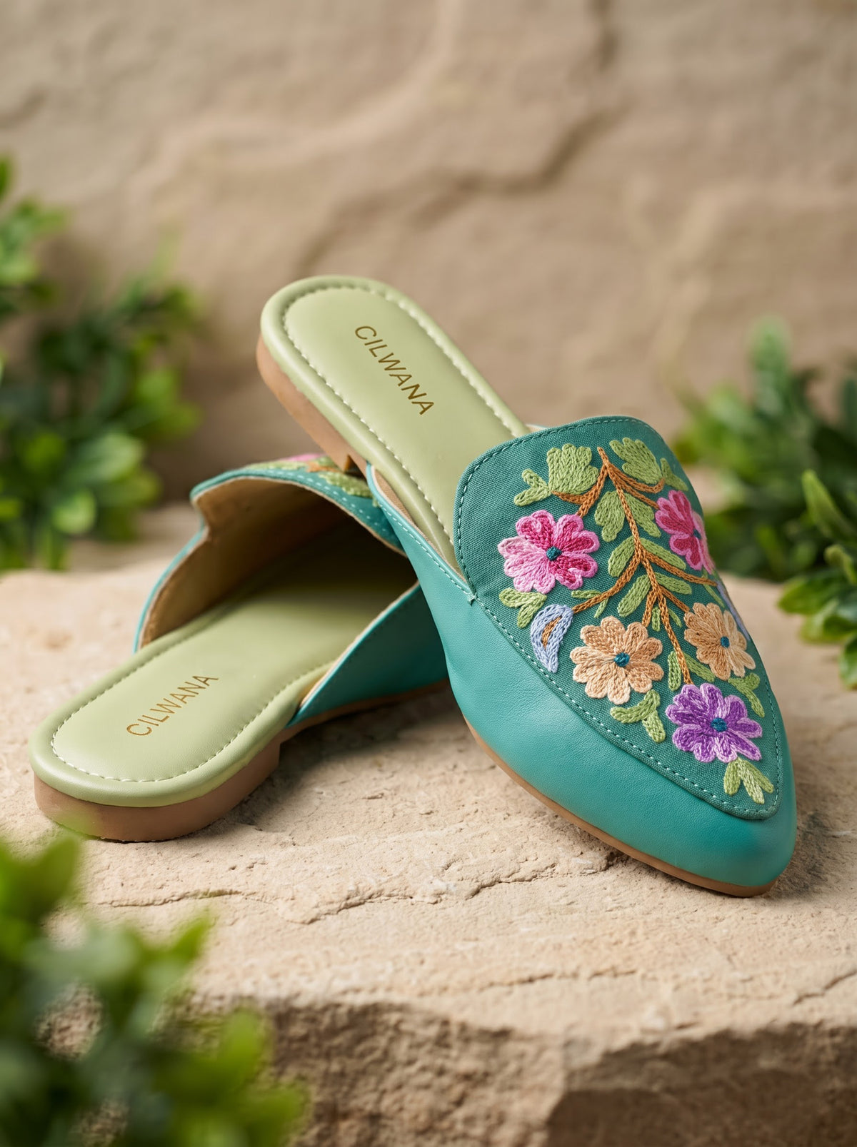 Teal Floral Aari Mules
