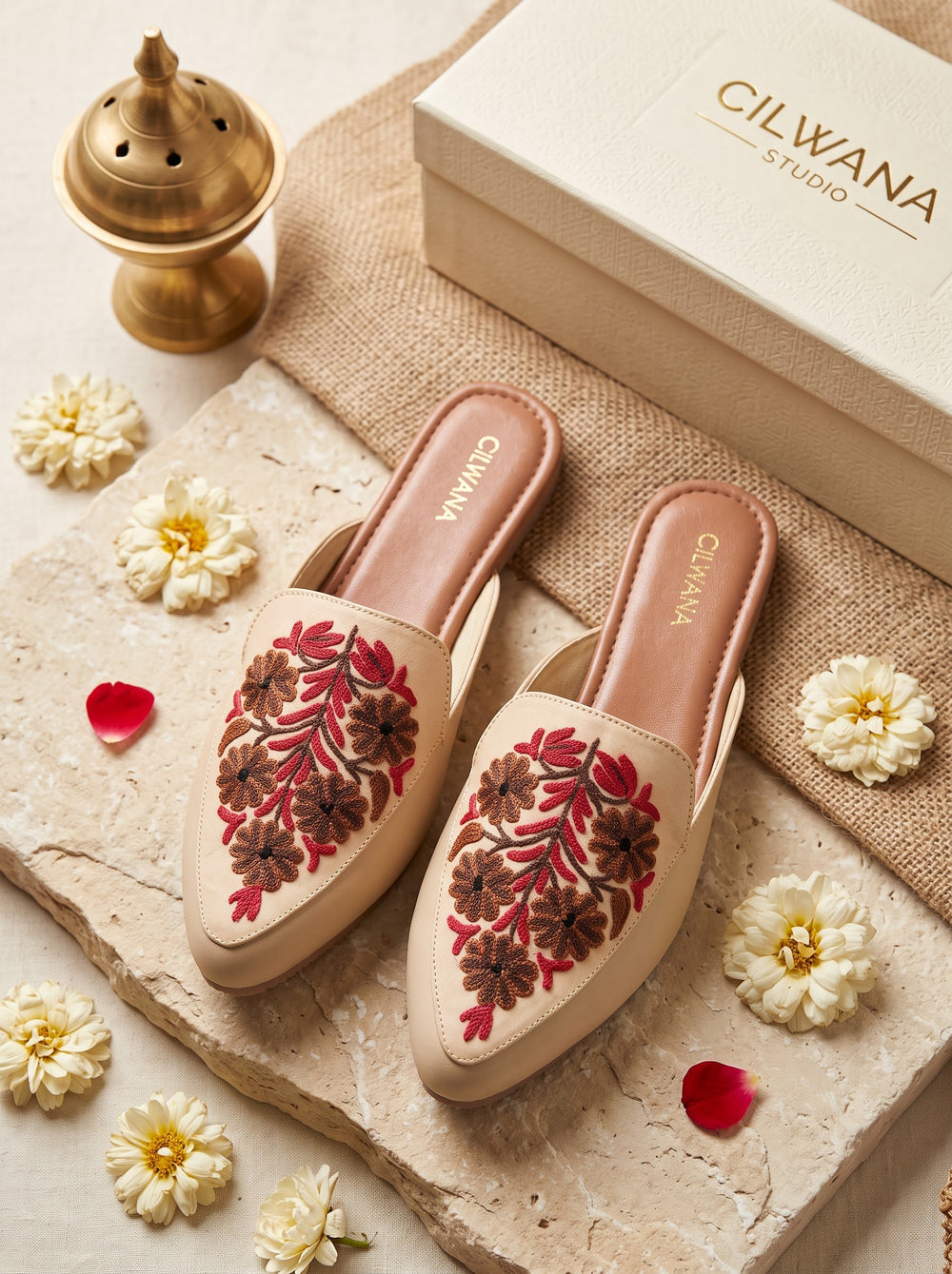 White Floral Aari Mules
