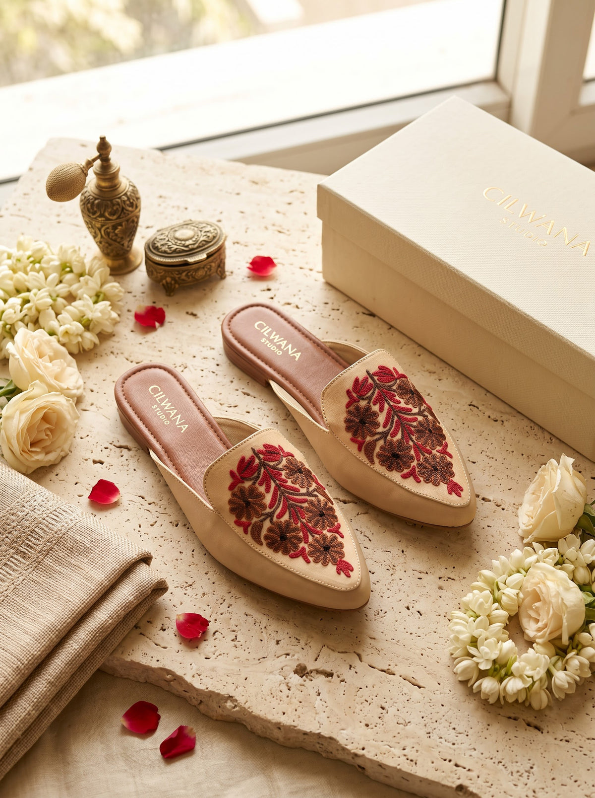 White Floral Aari Mules