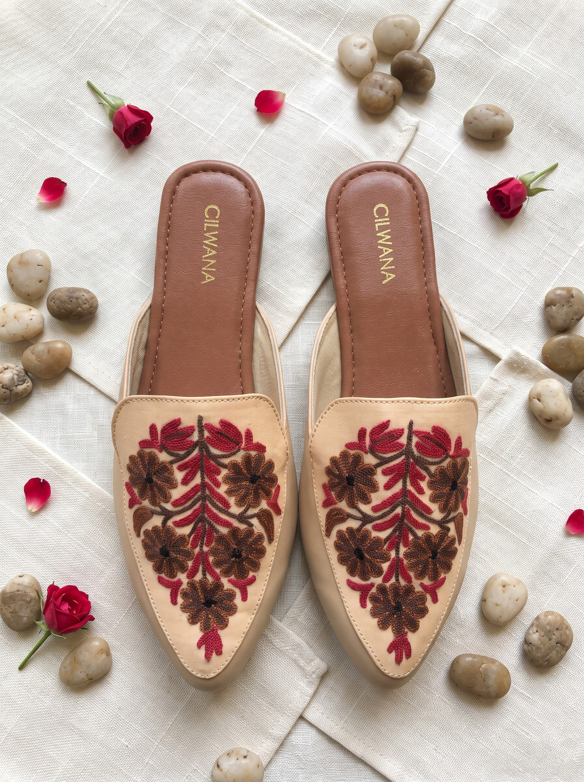 White Floral Aari Mules
