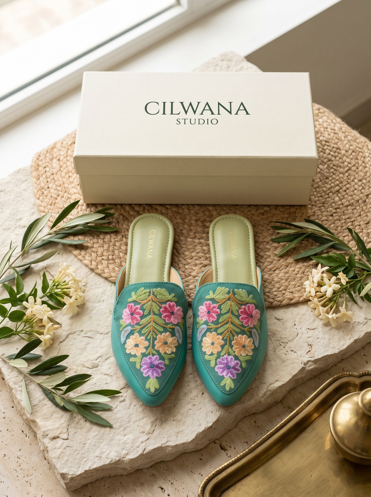 Teal Floral Aari Mules