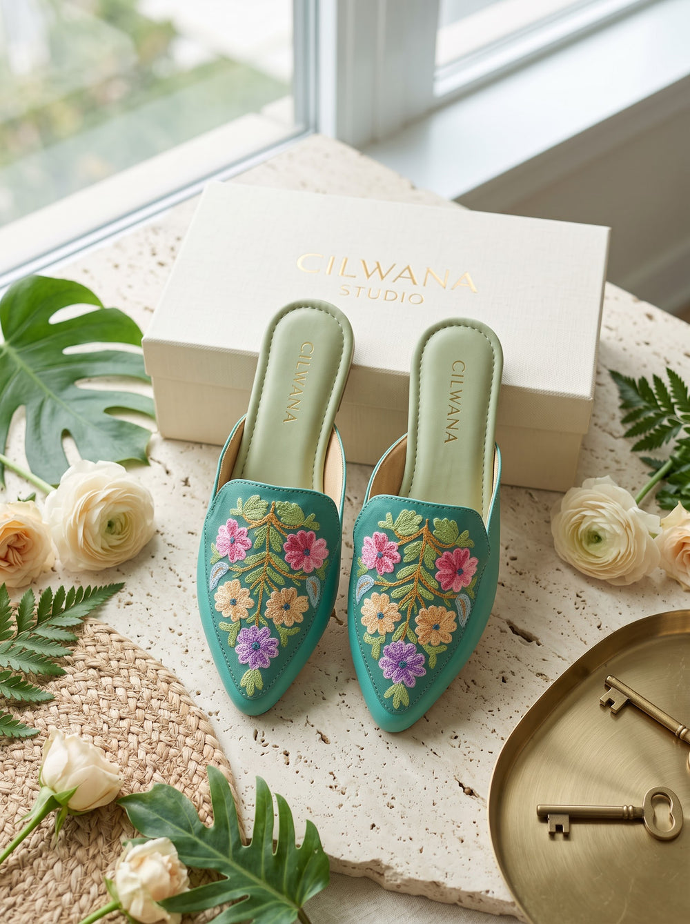 Teal Floral Aari Mules